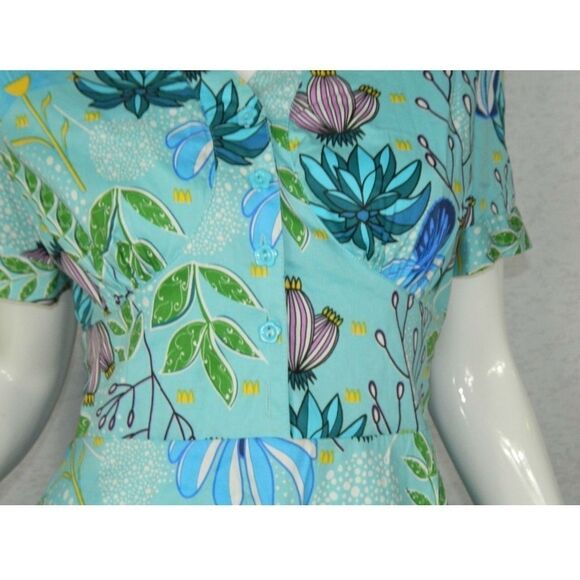 Lindy Bop Dress Turquoise Blue Floral Print Pinup Swing Dress Size 10 - Picture 4 of 11